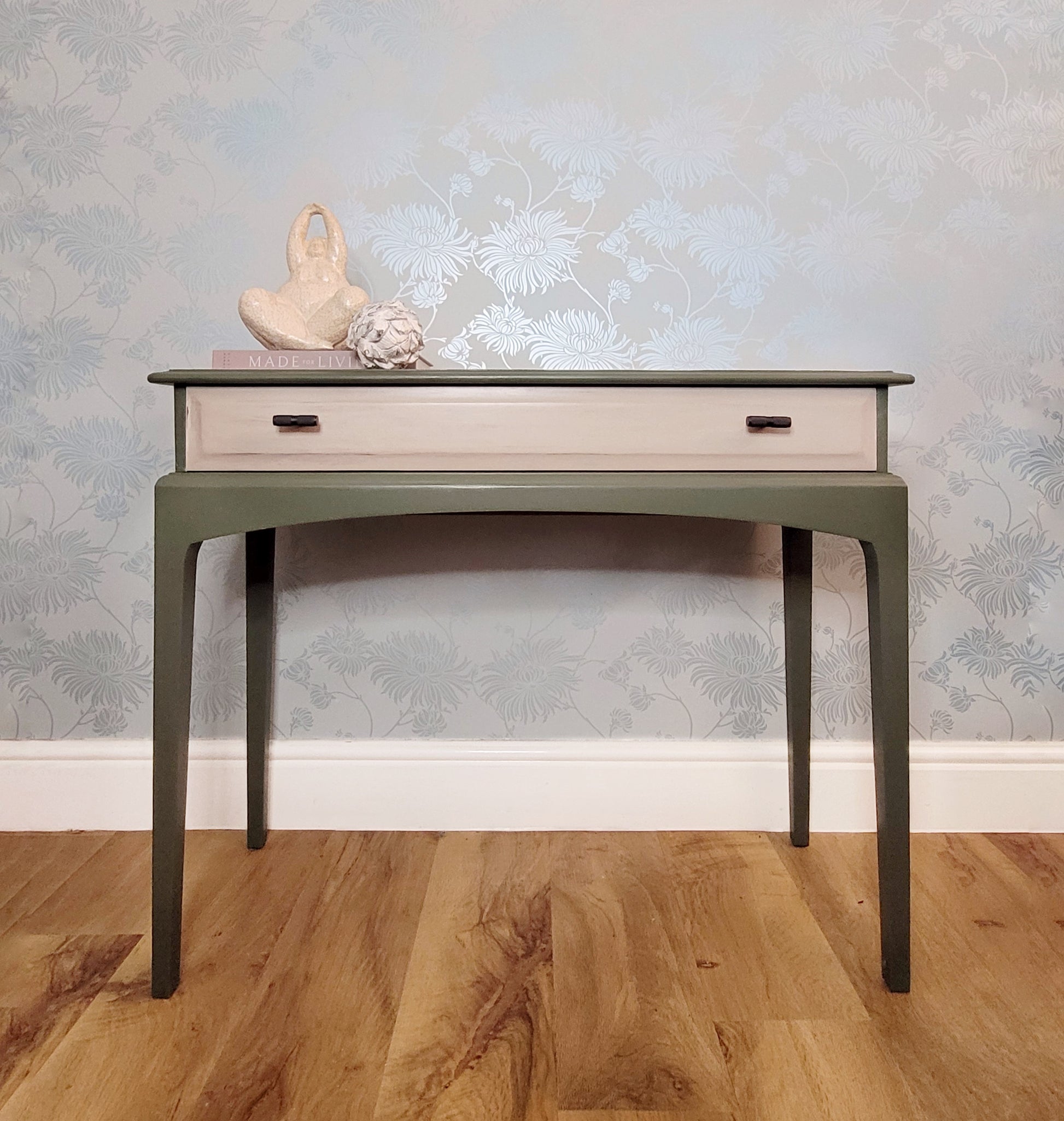 Hand-painted Stag Minstrel console table in olive and taupe with drawer.