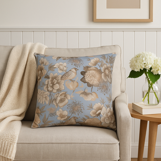 Metallic copper and pale blue velvet cushion with bird floral design, 45cm with feather inner