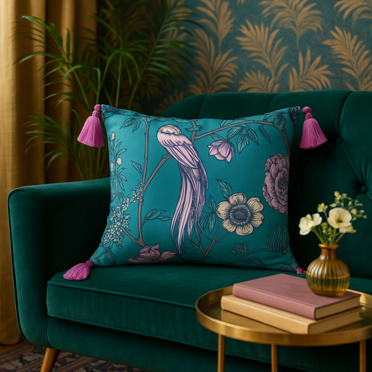 Teal rectangular cushion with bird and floral print and pink tassels; handmade scatter pillow.