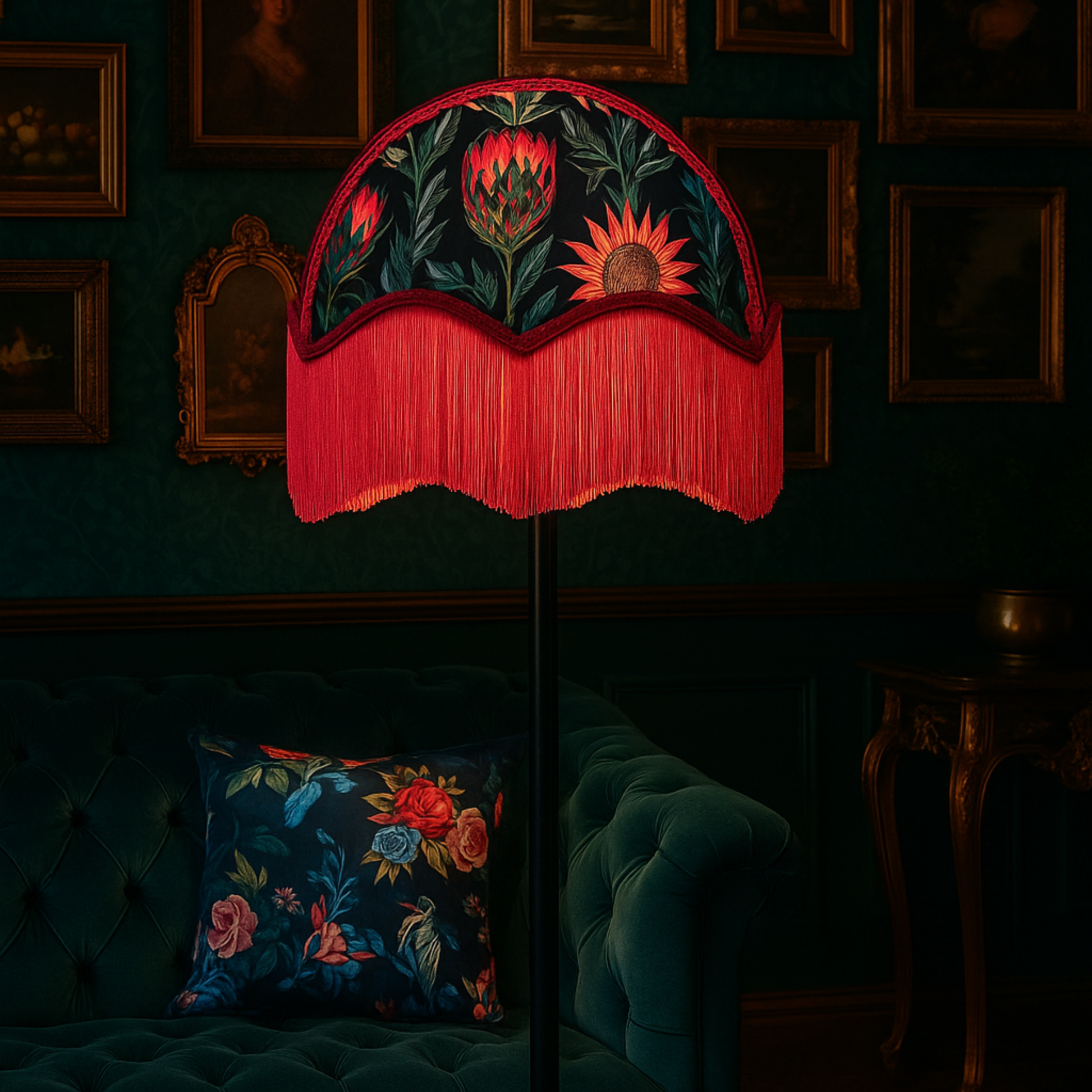 22-inch Art Deco velvet parachute lampshade with fuchsia fringe and floral lining; handmade statement shade.