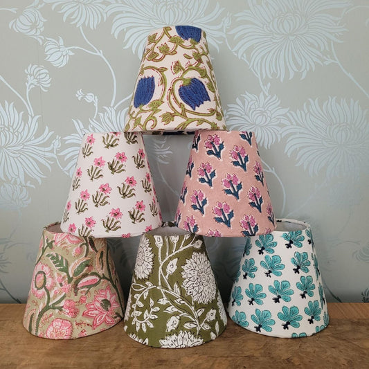 Handmade 6-inch block print candle clip lampshade in cotton with white lining.