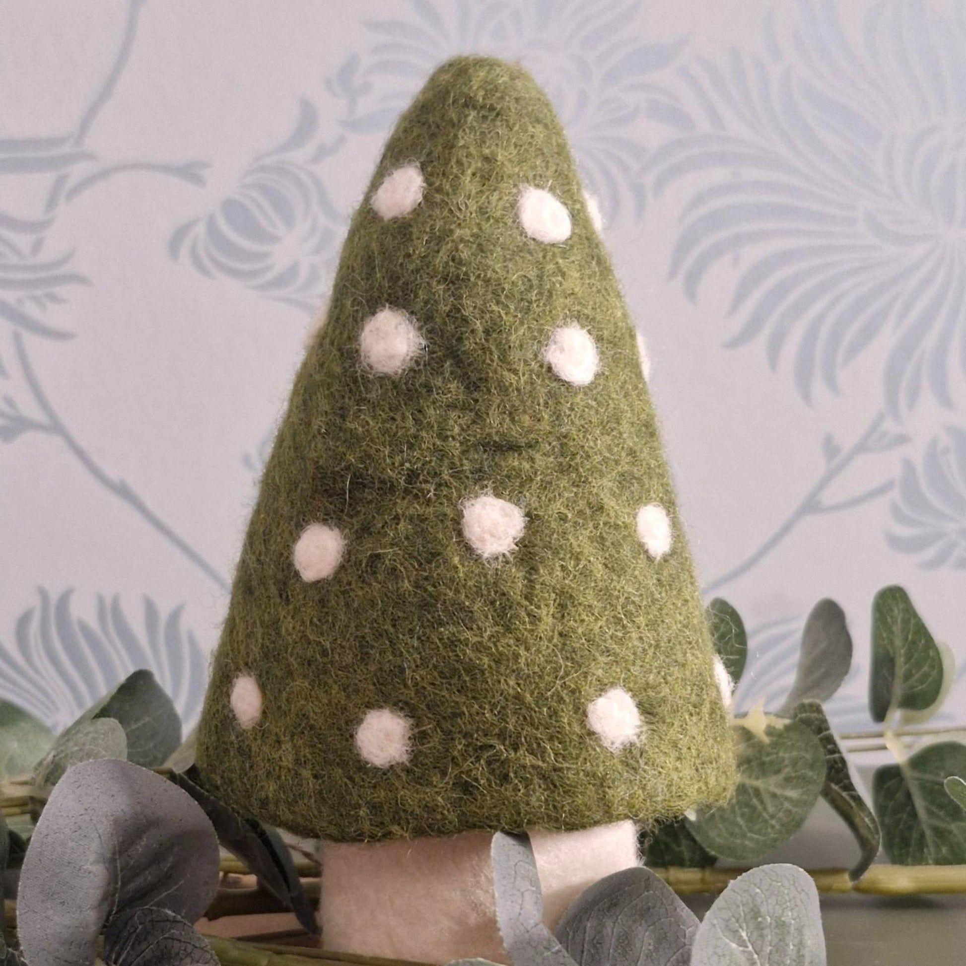 Handcrafted felt mushroom ornament, 19cm, 100% wool with white polka-dot cap; made in Nepal.