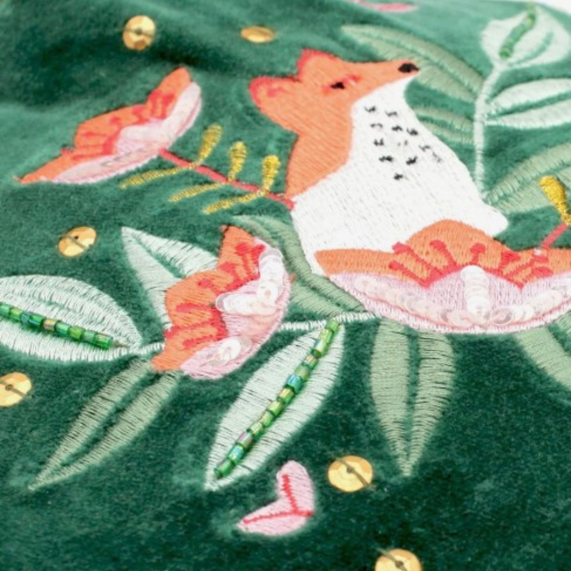 Dark green velvet round hot water bottle with embroidered fox and floral details, beads, sequins and gold tassel; 800ml included.