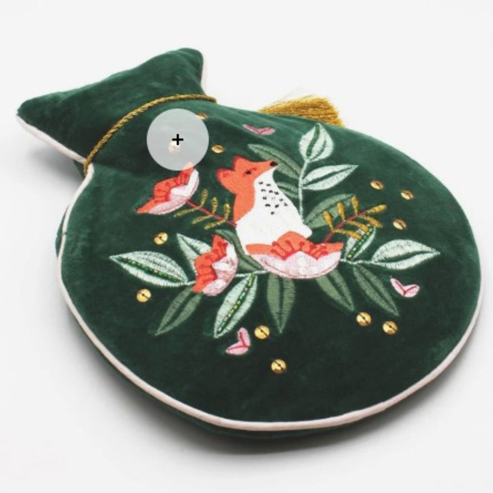 Dark green velvet round hot water bottle with embroidered fox and floral details, beads, sequins and gold tassel; 800ml included.