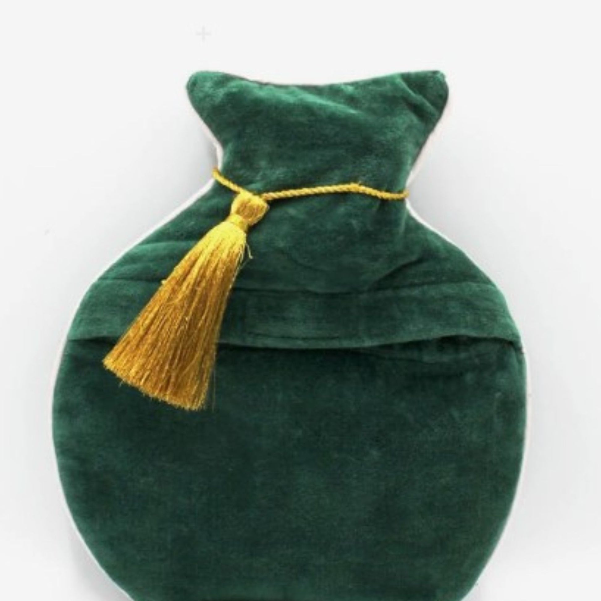 Dark green velvet round hot water bottle with embroidered fox and floral details, beads, sequins and gold tassel; 800ml included.