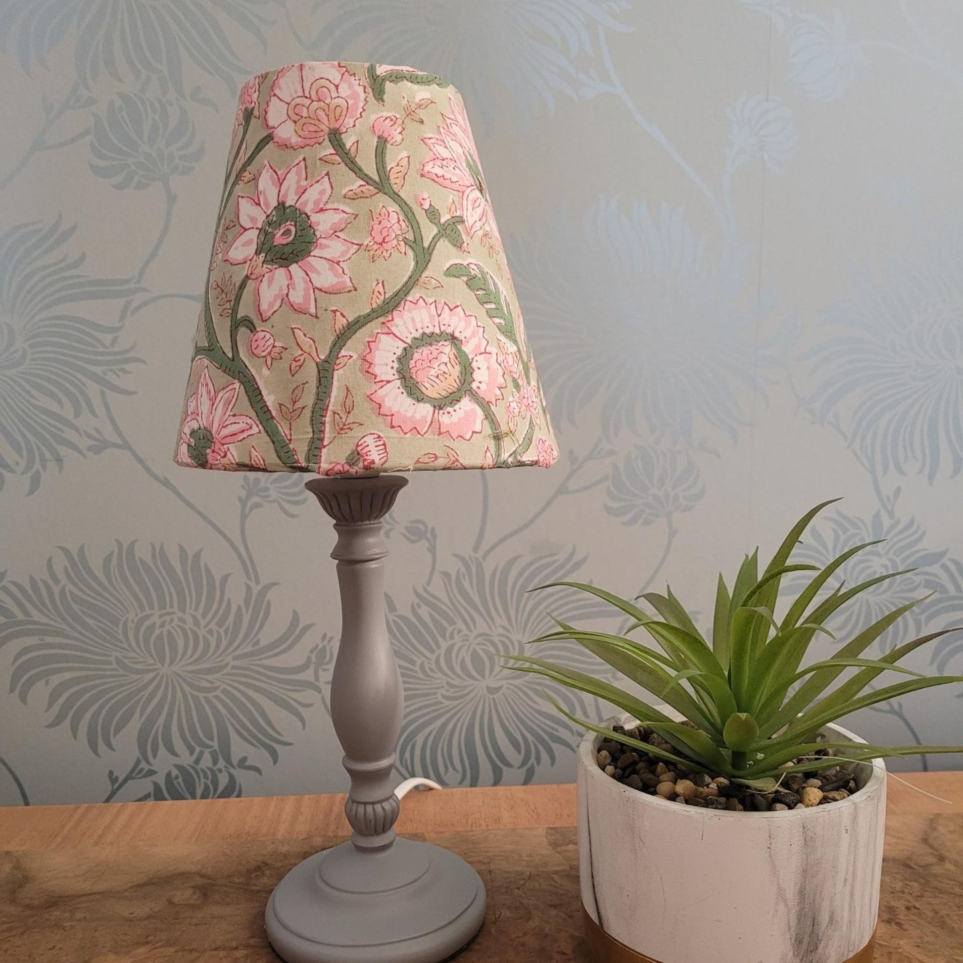 Handmade 6-inch block print candle clip lampshade in cotton with white lining.