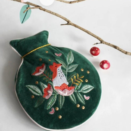 Dark green velvet round hot water bottle with embroidered fox and floral details, beads, sequins and gold tassel; 800ml included.