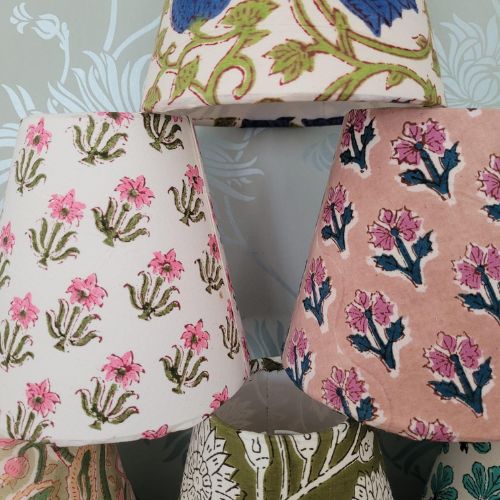 Handmade 6-inch block print candle clip lampshade in cotton with white lining.