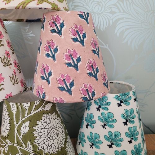 Handmade 6-inch block print candle clip lampshade in cotton with white lining.