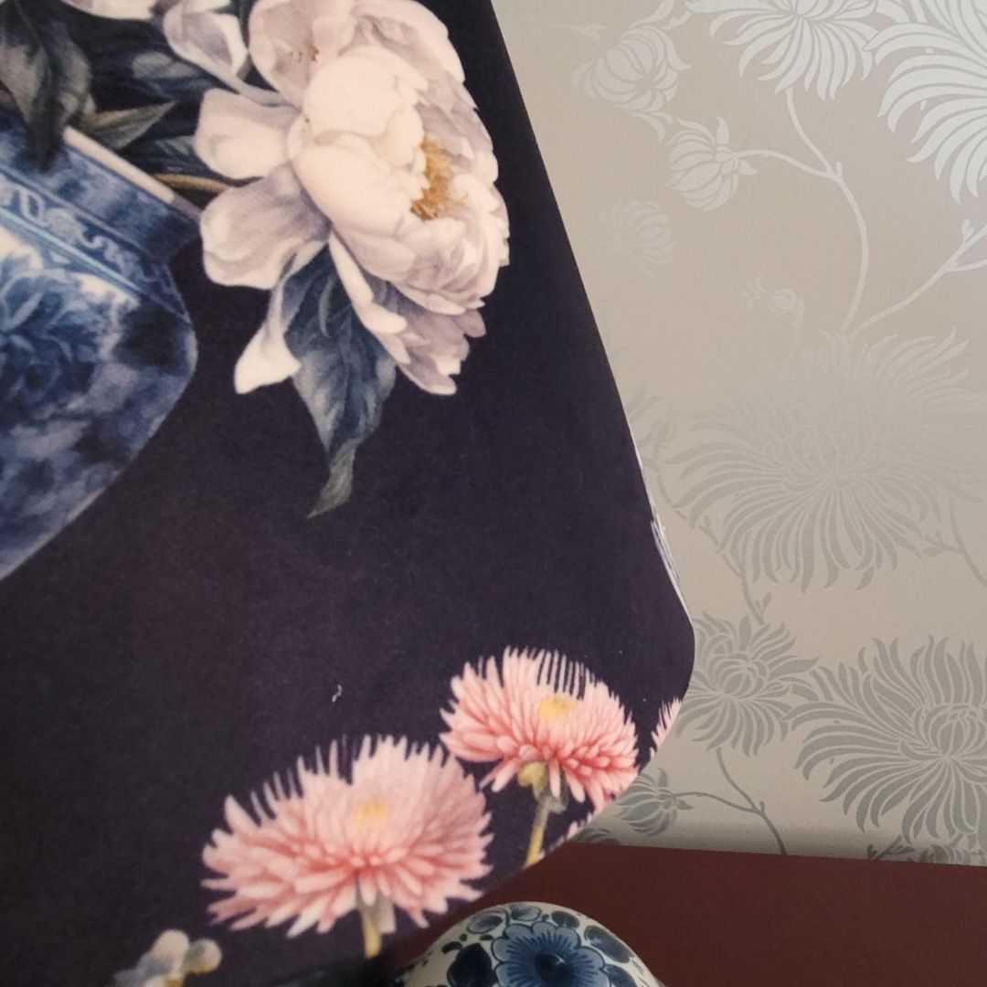 Luxury Deep Blue Velvet Conical Lampshade with Watercolour Plant Pots Design | 21 Unique Botanical Prints | Table Lamp | Hand Made