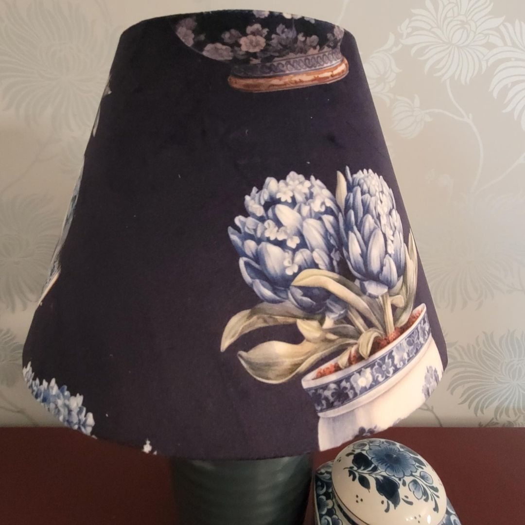 Luxury Deep Blue Velvet Conical Lampshade with Watercolour Plant Pots Design | 21 Unique Botanical Prints | Table Lamp | Hand Made