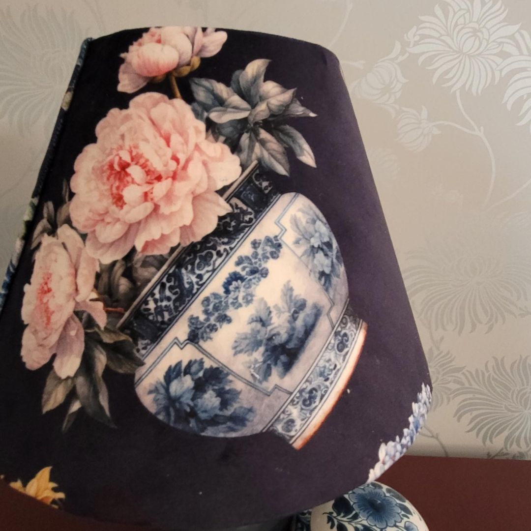 Luxury Deep Blue Velvet Conical Lampshade with Watercolour Plant Pots Design | 21 Unique Botanical Prints | Table Lamp | Hand Made