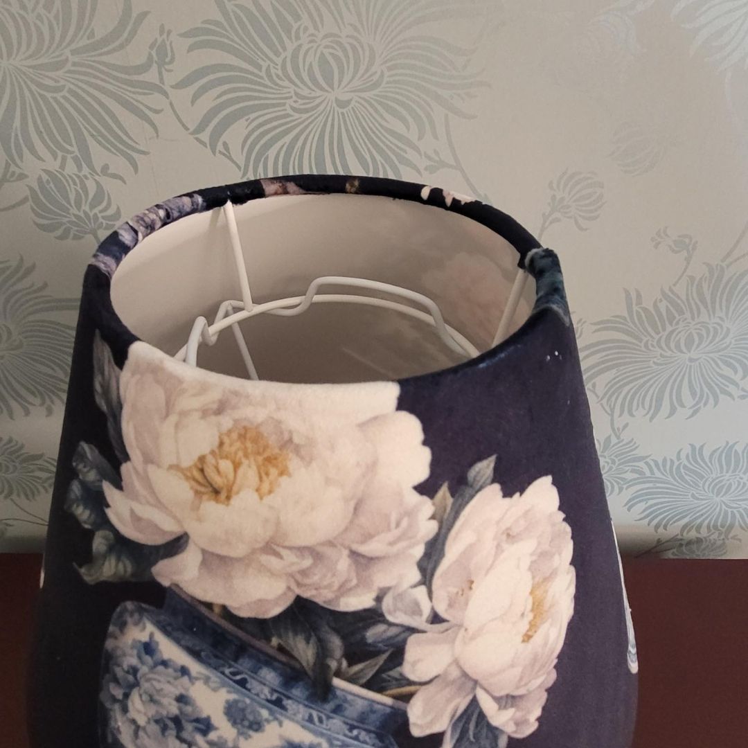 Luxury Deep Blue Velvet Conical Lampshade with Watercolour Plant Pots Design | 21 Unique Botanical Prints | Table Lamp | Hand Made