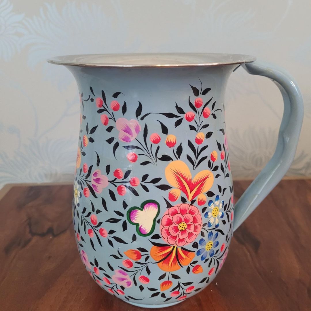 Floral Enamel Jug Vase Hand-Painted Floral Design in Blue or Green | Durable Shatterproof Eco-Friendly Tableware Perfect for Outdoor Dining