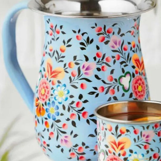 Floral Enamel Jug Vase Hand-Painted Floral Design in Blue or Green | Durable Shatterproof Eco-Friendly Tableware Perfect for Outdoor Dining