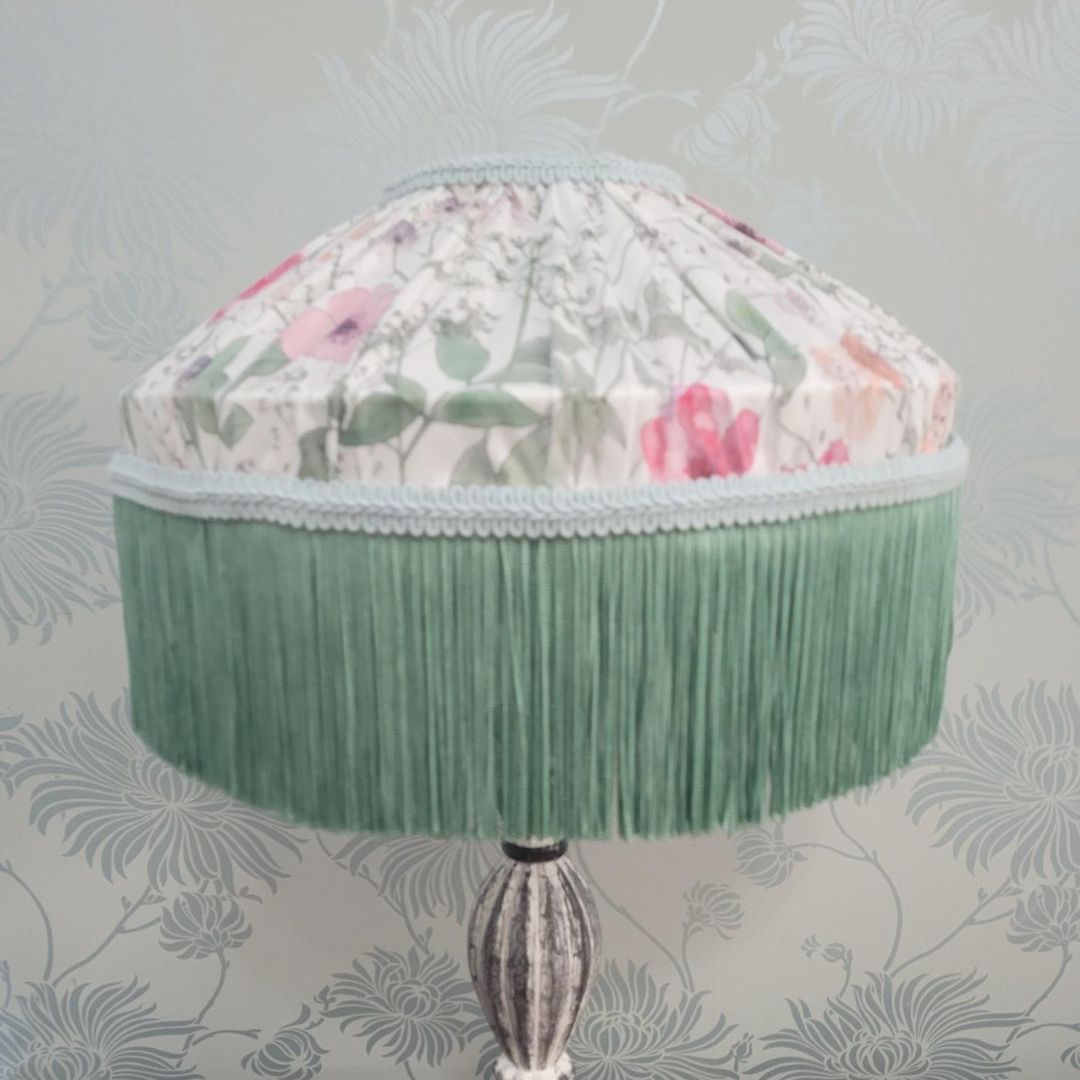Liberty ‘Irma Meadow’ gathered lampshade with pale mint double fringe, 12-inch table shade.