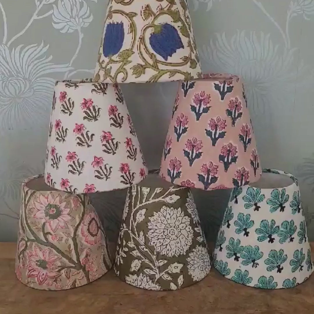 Handmade 6-inch block print candle clip lampshade in cotton with white lining.