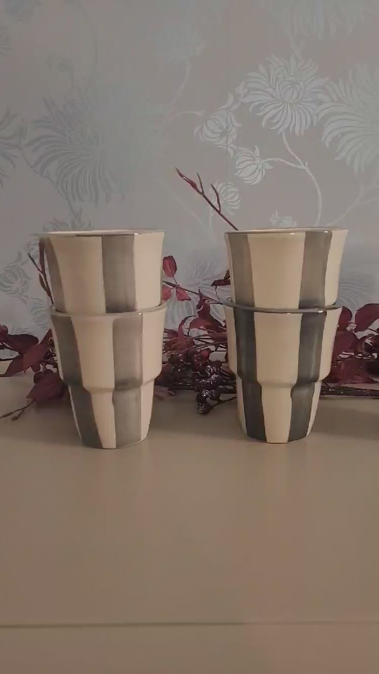 Stoneware handleless coffee beaker with green and cream Scandi stripes, 180ml.