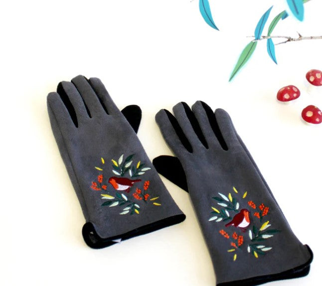 Grey embroidered robin fashion gloves with touchscreen index finger and soft cotton interior.