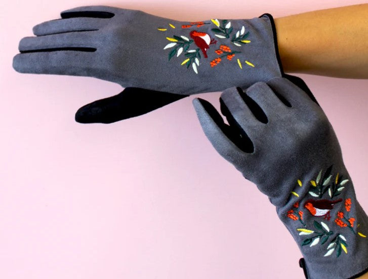 Grey embroidered robin fashion gloves with touchscreen index finger and soft cotton interior.