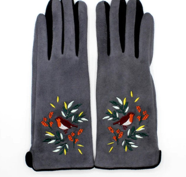 Grey embroidered robin fashion gloves with touchscreen index finger and soft cotton interior.
