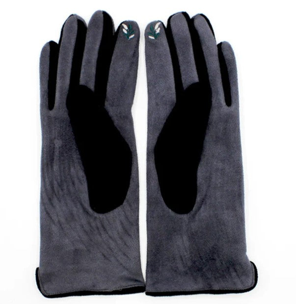 Grey embroidered robin fashion gloves with touchscreen index finger and soft cotton interior.