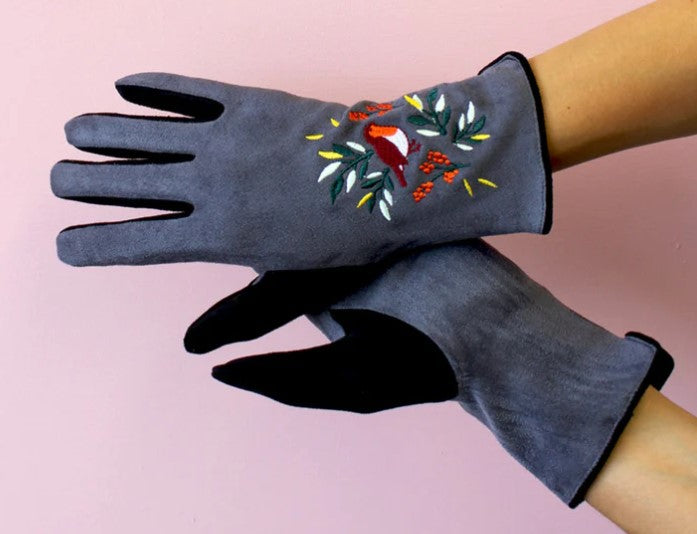 Grey embroidered robin fashion gloves with touchscreen index finger and soft cotton interior.