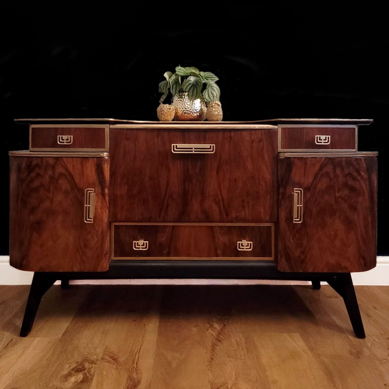 Walnut Veneer Beautility Cocktail Cabinet featuring drop down central drawer and mirrored back