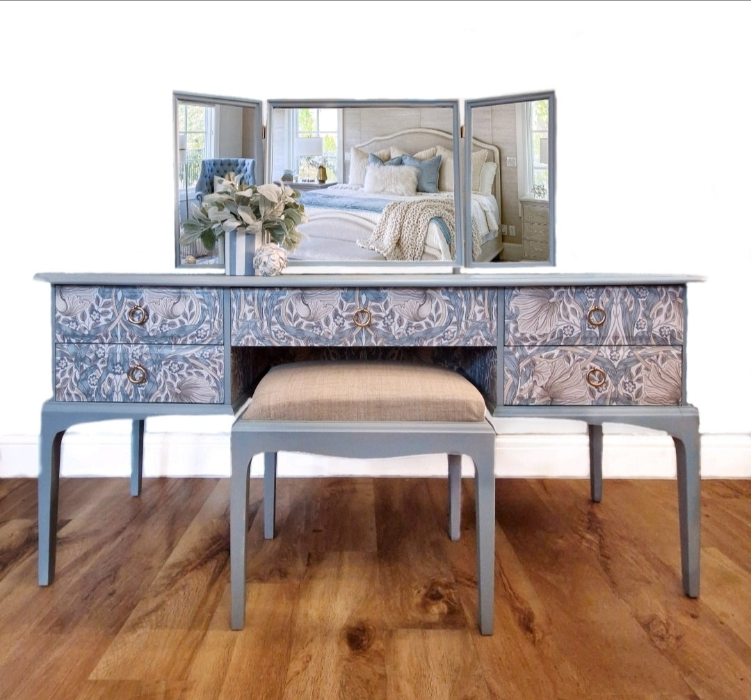 Stag Minstrel dressing table painted in Paisley Blue and decoupaged with William Morris wallpaper
