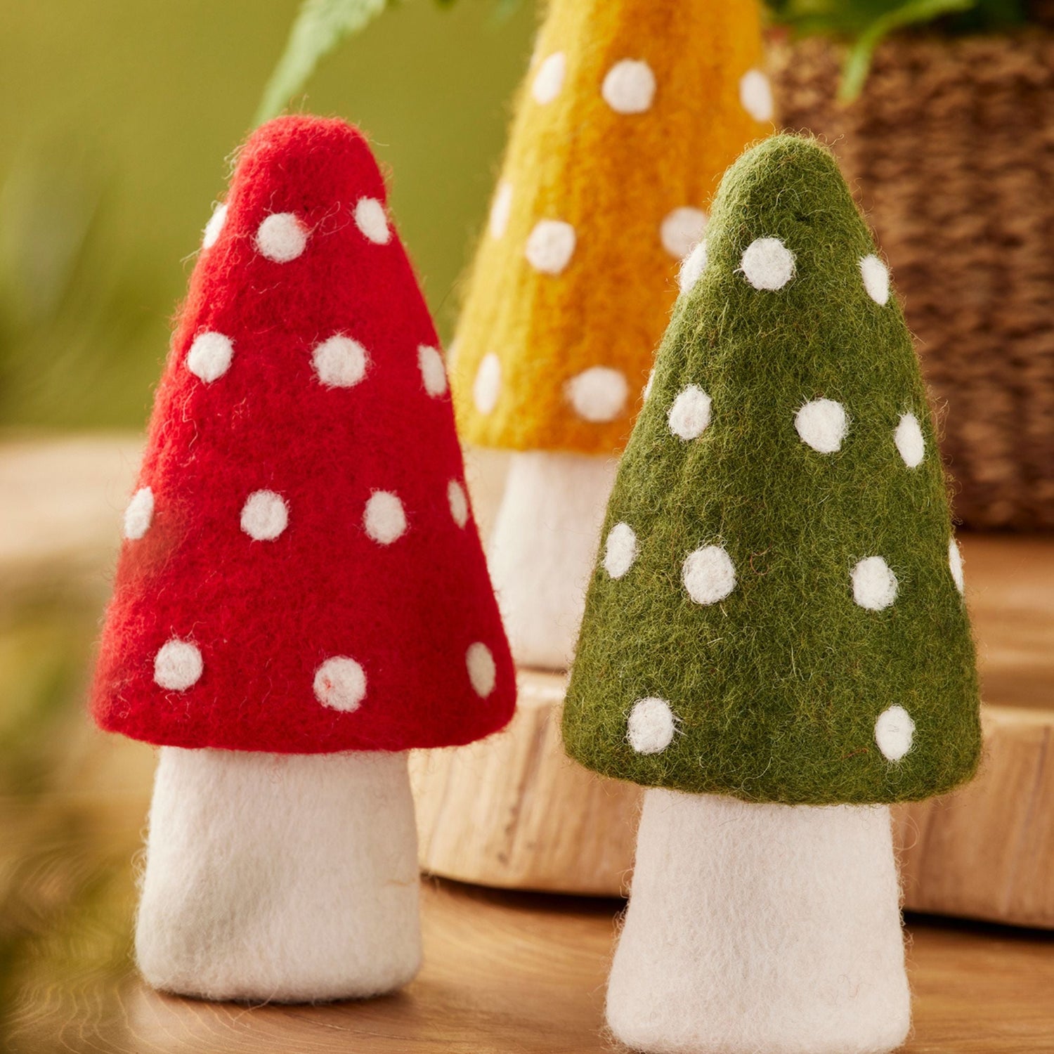 Hand felted sheep wool mushrooms in red, mustard yellow or green with white polka dot tops