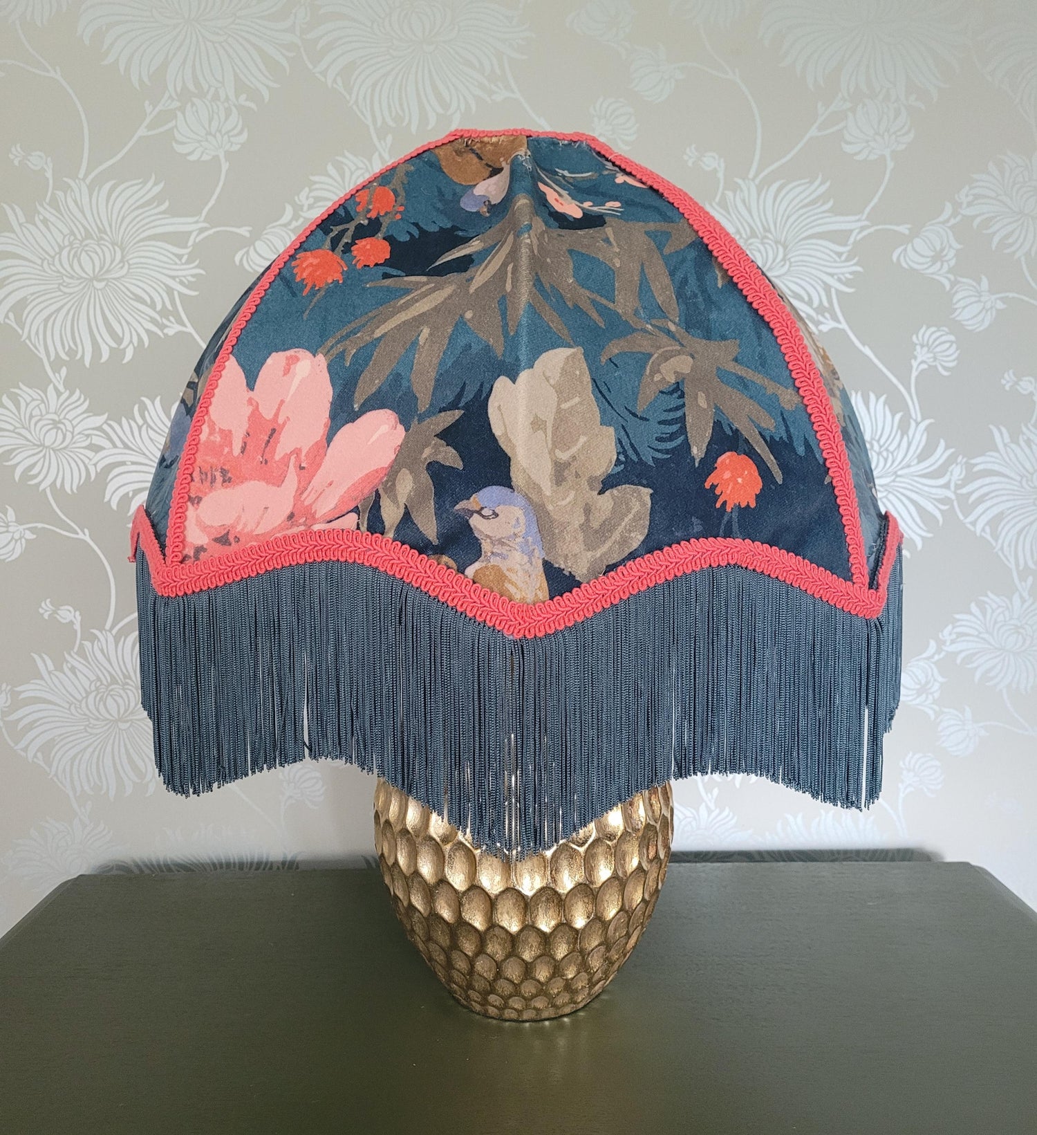 Linwood Fabrics Floral Teal and Coral Carousel Shade with Teal Fringe