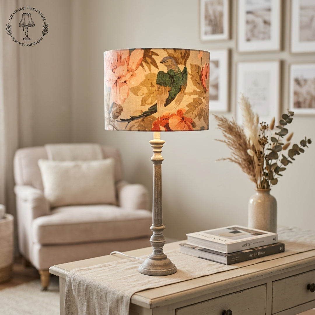 A drum table lampshade with a soft slow sitting on a coffee table