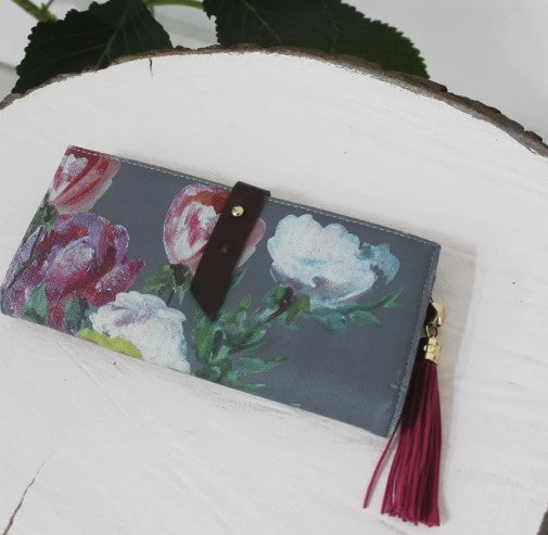 1916 Grey Floral Wallet with Tassel | Vintage-Inspired Wallet