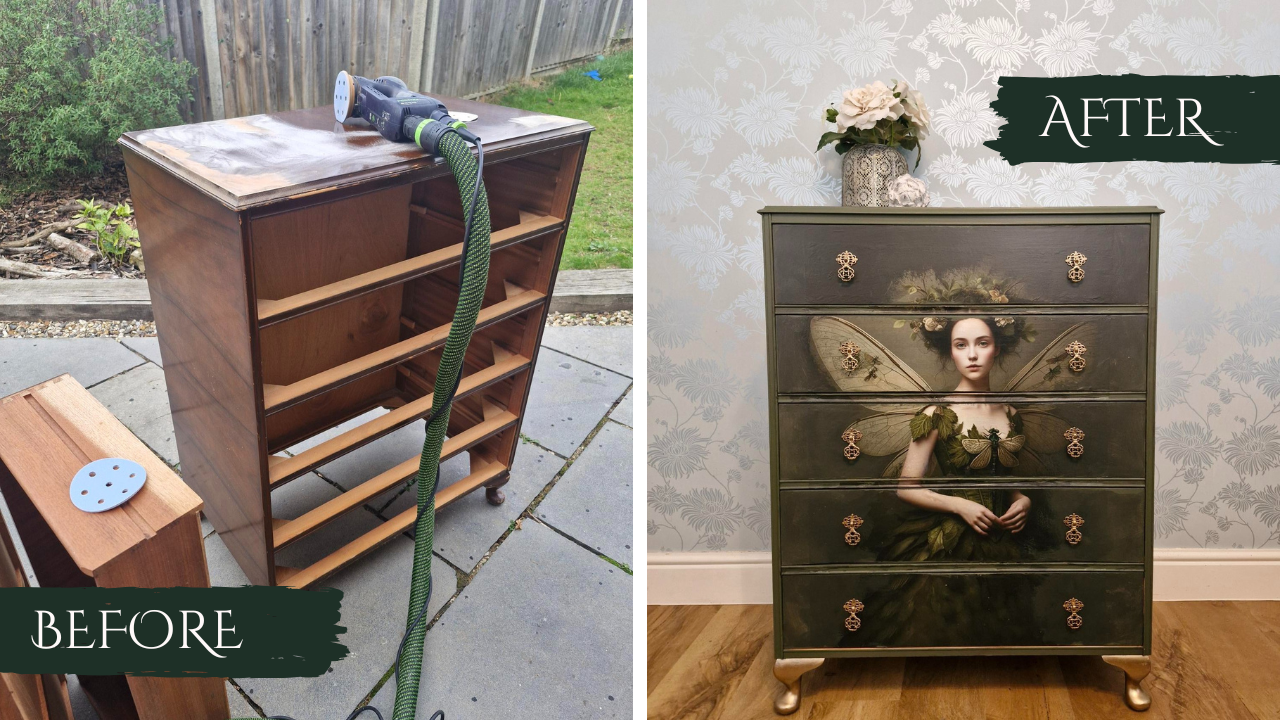 A vintage chest of drawers originating from the 1930s painted in Fusion Mineral Paint in the shade of Bayberry and decoupaged with a design from Mint by Michelle featuring an ethereal fairy.