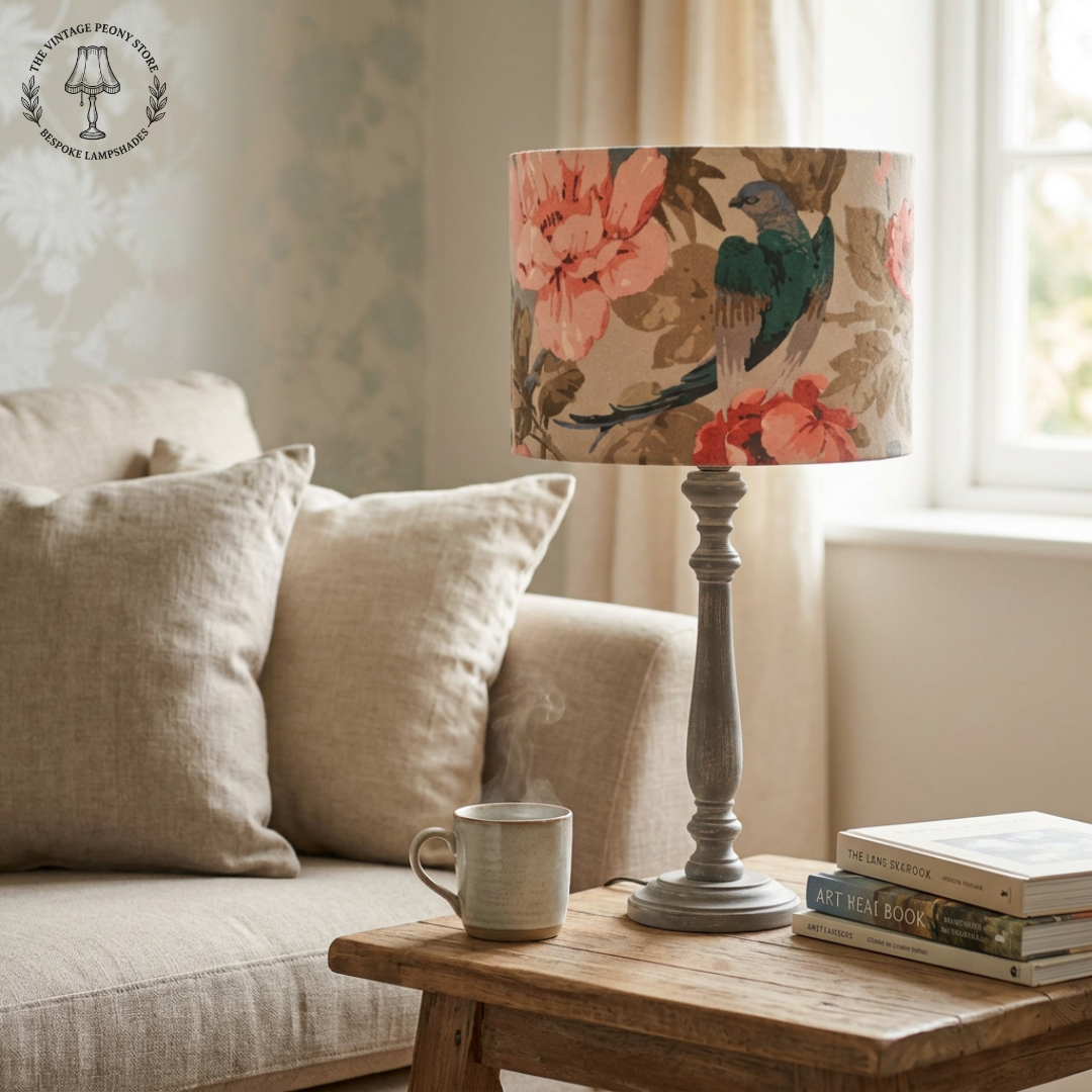 A floral velvet drum lamphade placed on a coffee table in a living room