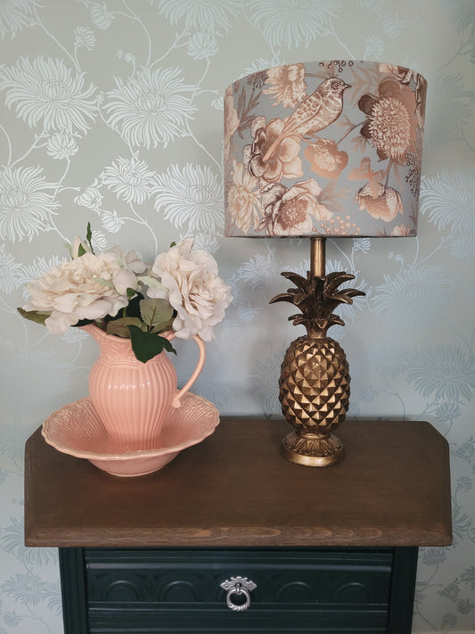 Velvet Drum Lampshade in Pale Blue with Copper Metallic Accents of Birds and Botanicals
