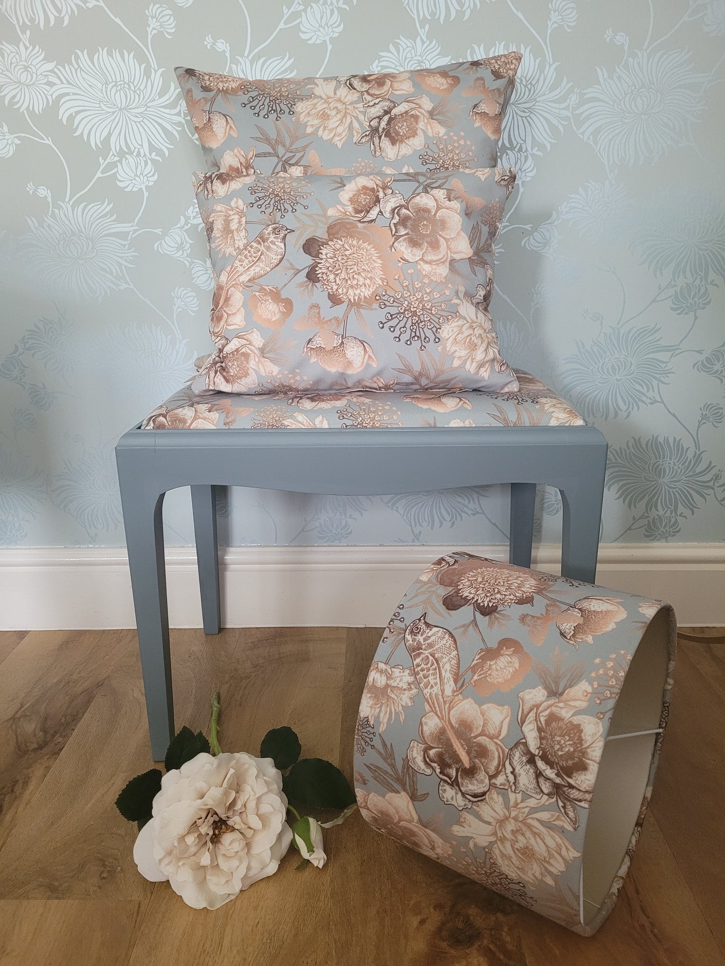 Velvet Square Cushion in Copper Metallic featuring birds, butterflies & botanicals