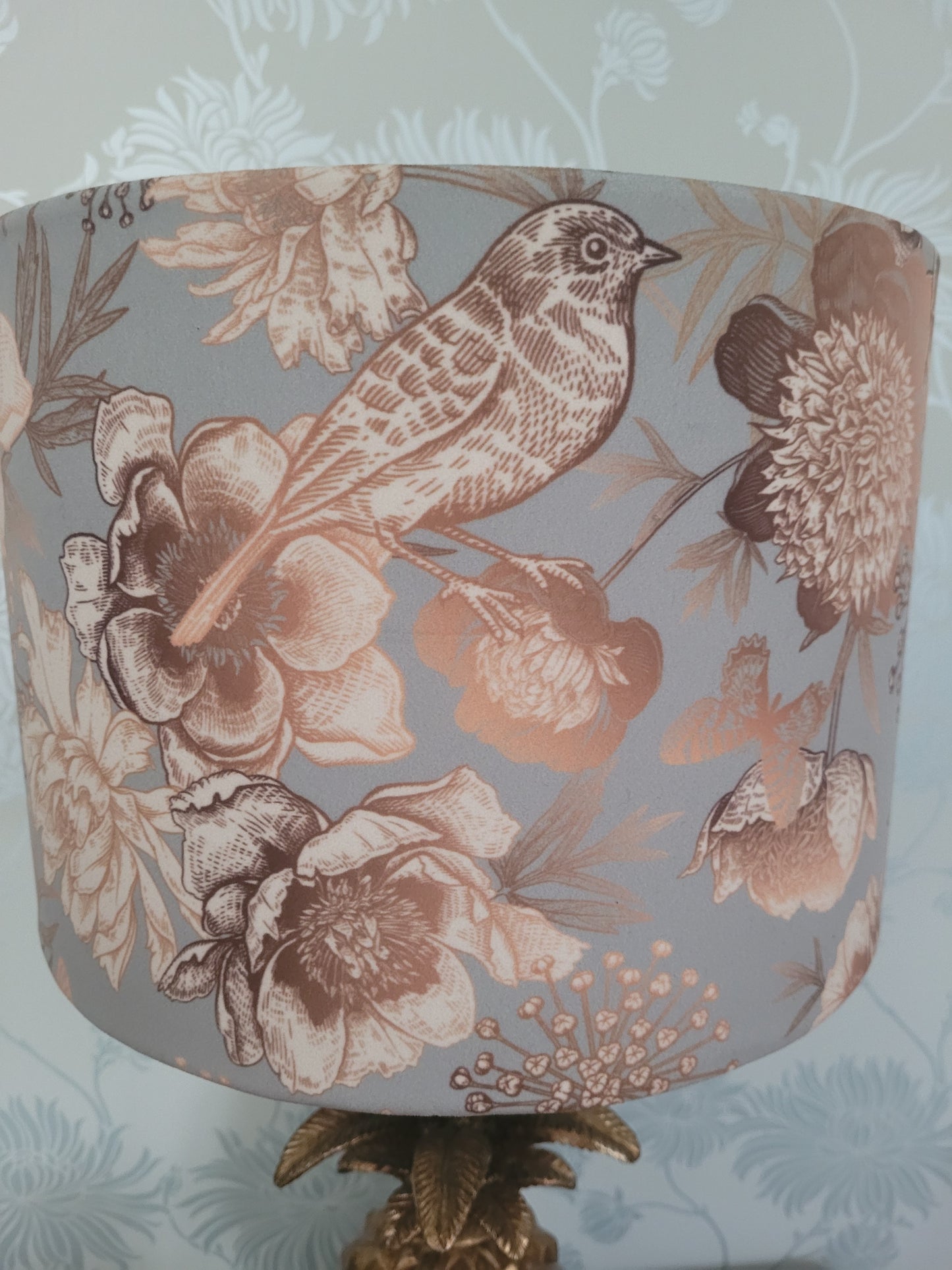 Velvet Oblong Accent Cushion in Copper Metallic featuring birds, butterflies & botanicals