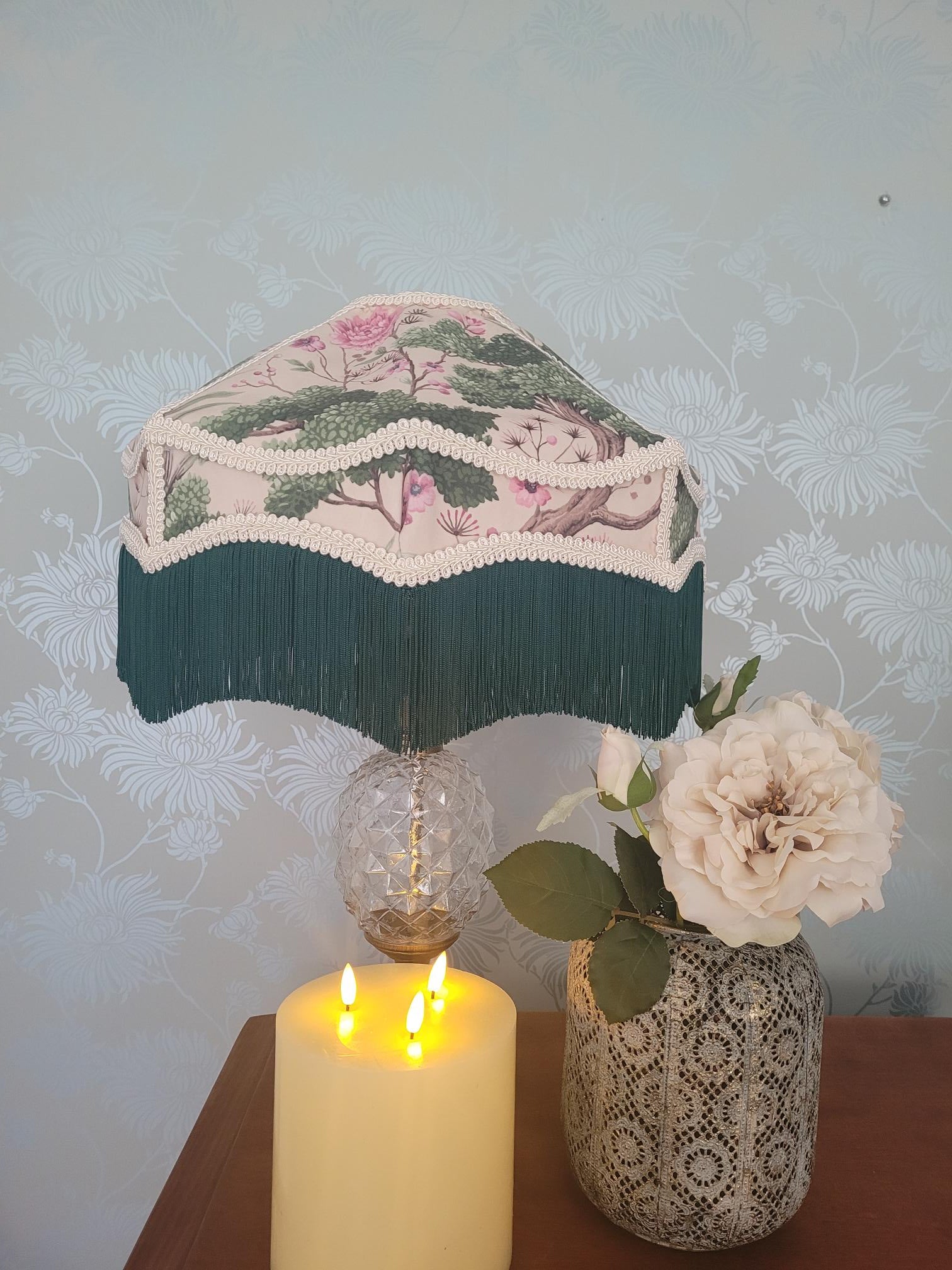 Woodchip & Magnolia Stunning Art Deco Carousel Lampshade in Crane Bird Rose Pink/Cream Velvet Fabric