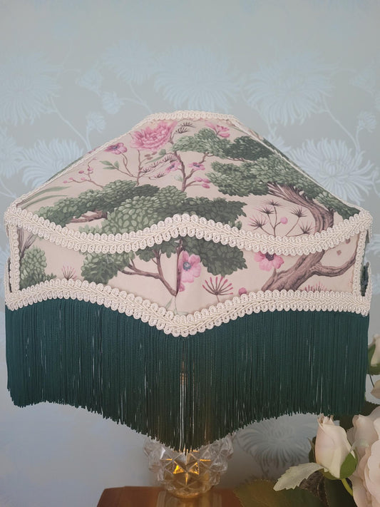 Woodchip & Magnolia Stunning Art Deco Carousel Lampshade in Crane Bird Rose Pink/Cream Velvet Fabric