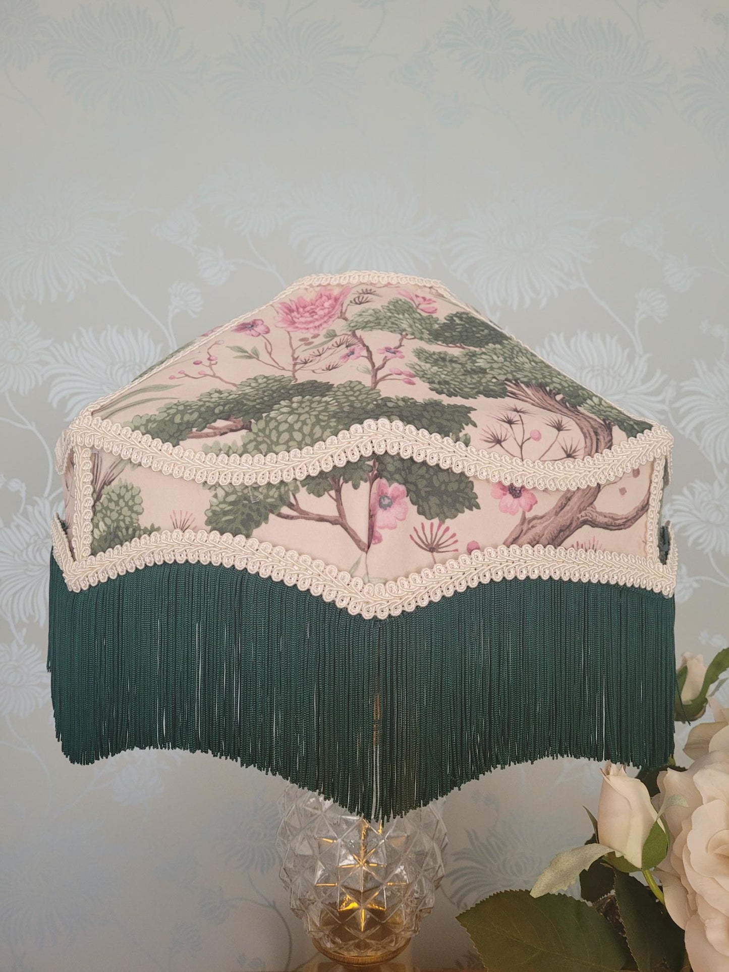 Woodchip & Magnolia Stunning Art Deco Carousel Lampshade in Crane Bird Rose Pink/Cream Velvet Fabric