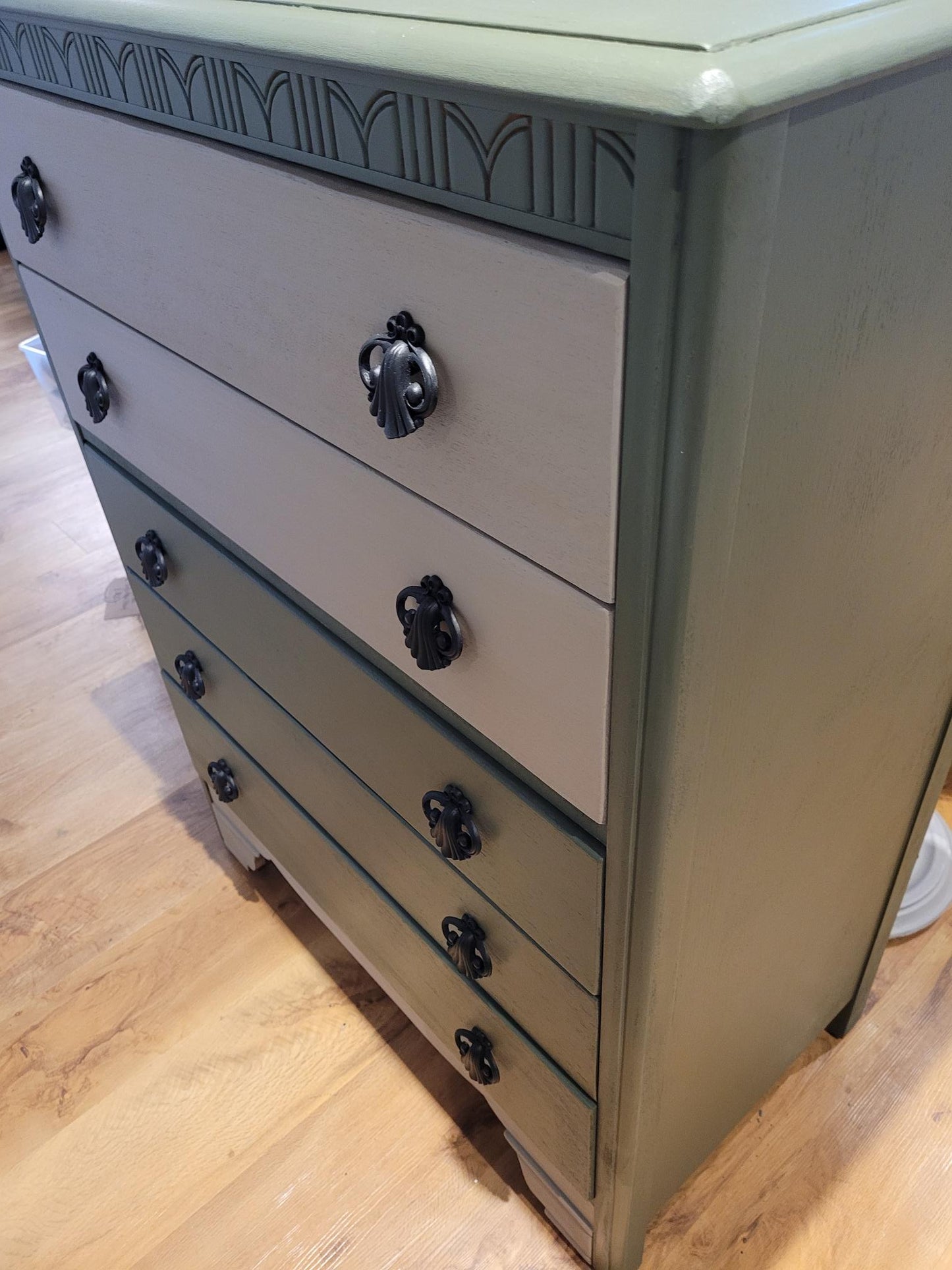 Upcycled Mid-Century 5-Drawer Chest by Lebus, painted in Bayberry with Algonquin Wash on top drawers. Lined with Tulip Garden wallpaper and featuring black scarab hardware.