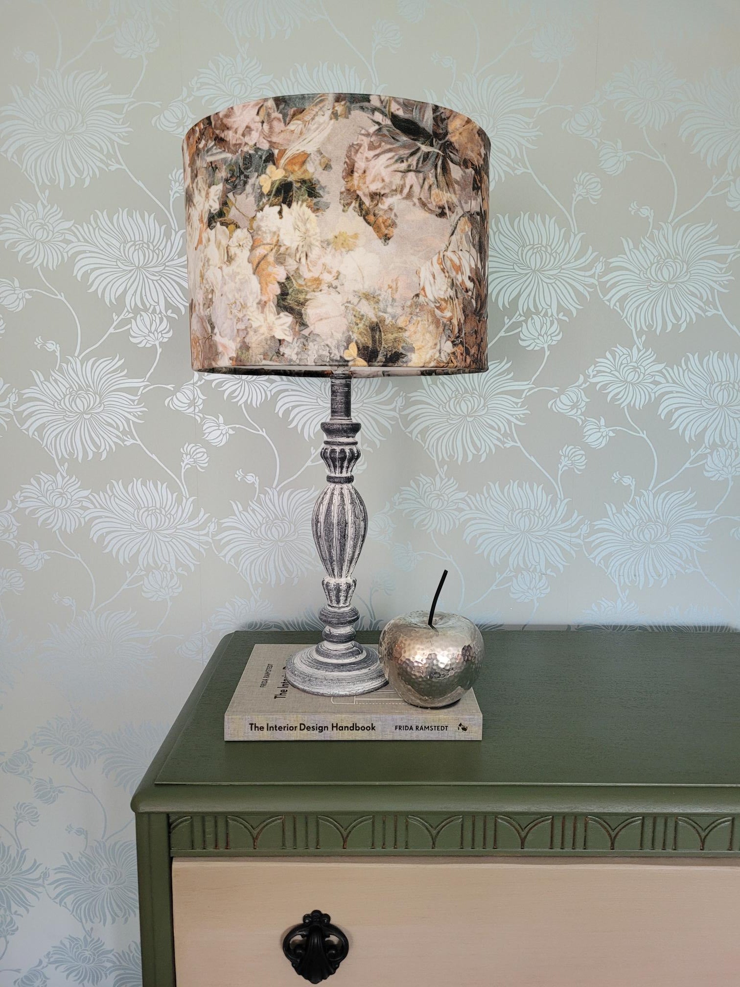 Drum Table Lampshade in Luxury Cream & Green Floral Velvet / Bedroom Lighting / Living Room Lighting