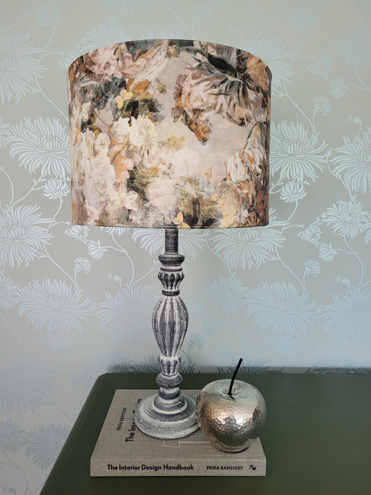 Drum Table Lampshade in Luxury Cream & Green Floral Velvet / Bedroom Lighting / Living Room Lighting