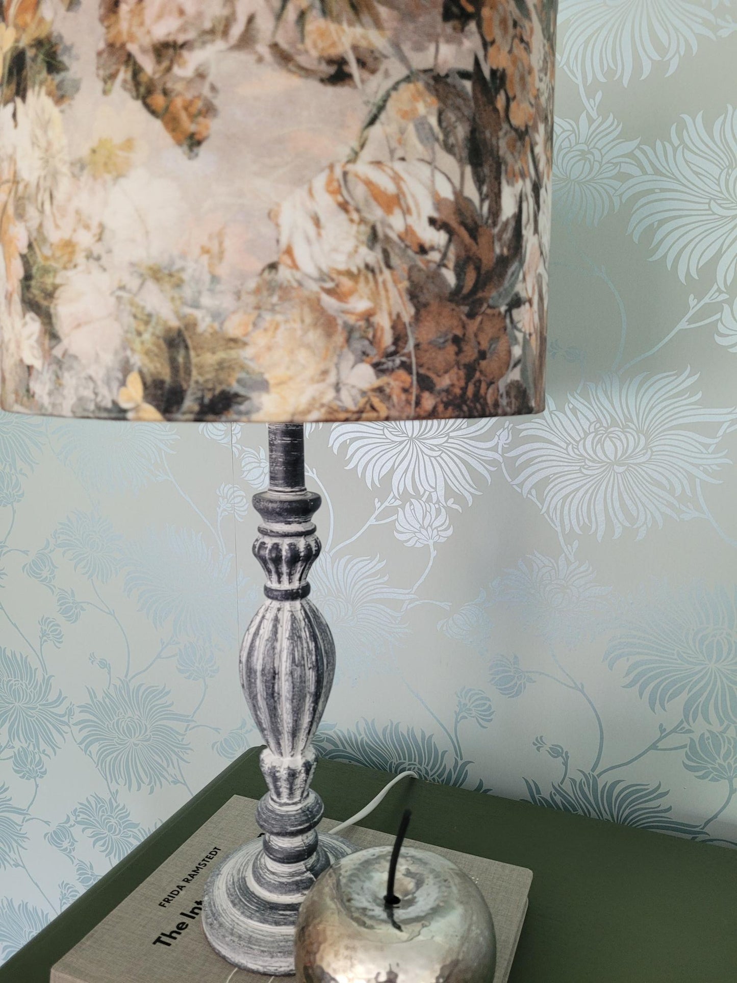 Drum Table Lampshade in Luxury Cream & Green Floral Velvet / Bedroom Lighting / Living Room Lighting