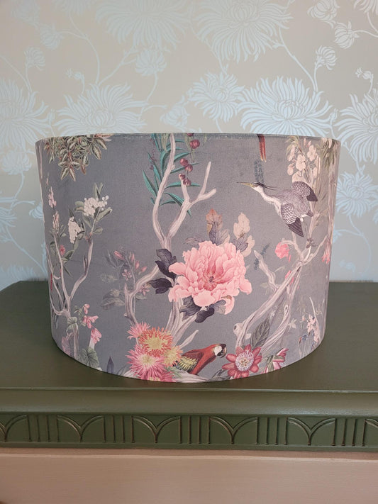 Drum Ceiling Pendant Shade 40cm - Grey and Pink Velvet with Floral Heron, Parrot, and Vine Design / Bedroom Lighting