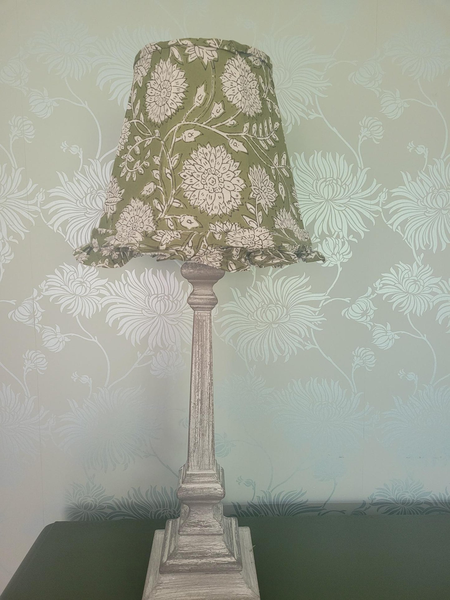 10 inch French Drum Lamp Shade In 'Cottage Lawn Green' Indian Block Print Fabric With Elegant Trailing Flowers | Living Room Lighting | Bedroom Lighting