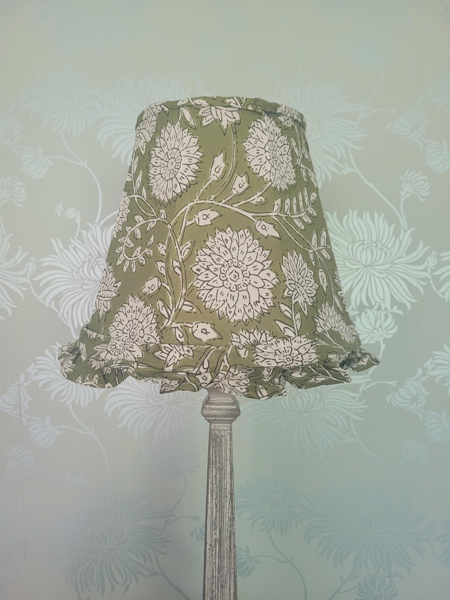 10 inch French Drum Lamp Shade In 'Cottage Lawn Green' Indian Block Print Fabric With Elegant Trailing Flowers | Living Room Lighting | Bedroom Lighting