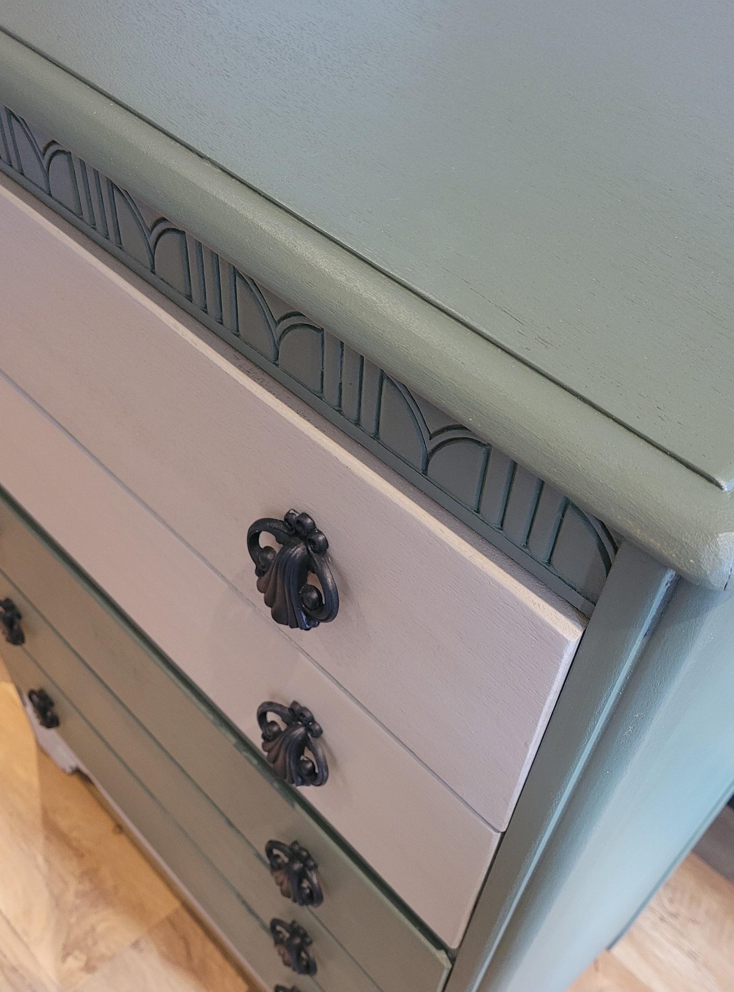 Upcycled Mid-Century 5-Drawer Chest by Lebus, painted in Bayberry with Algonquin Wash on top drawers. Lined with Tulip Garden wallpaper and featuring black scarab hardware.