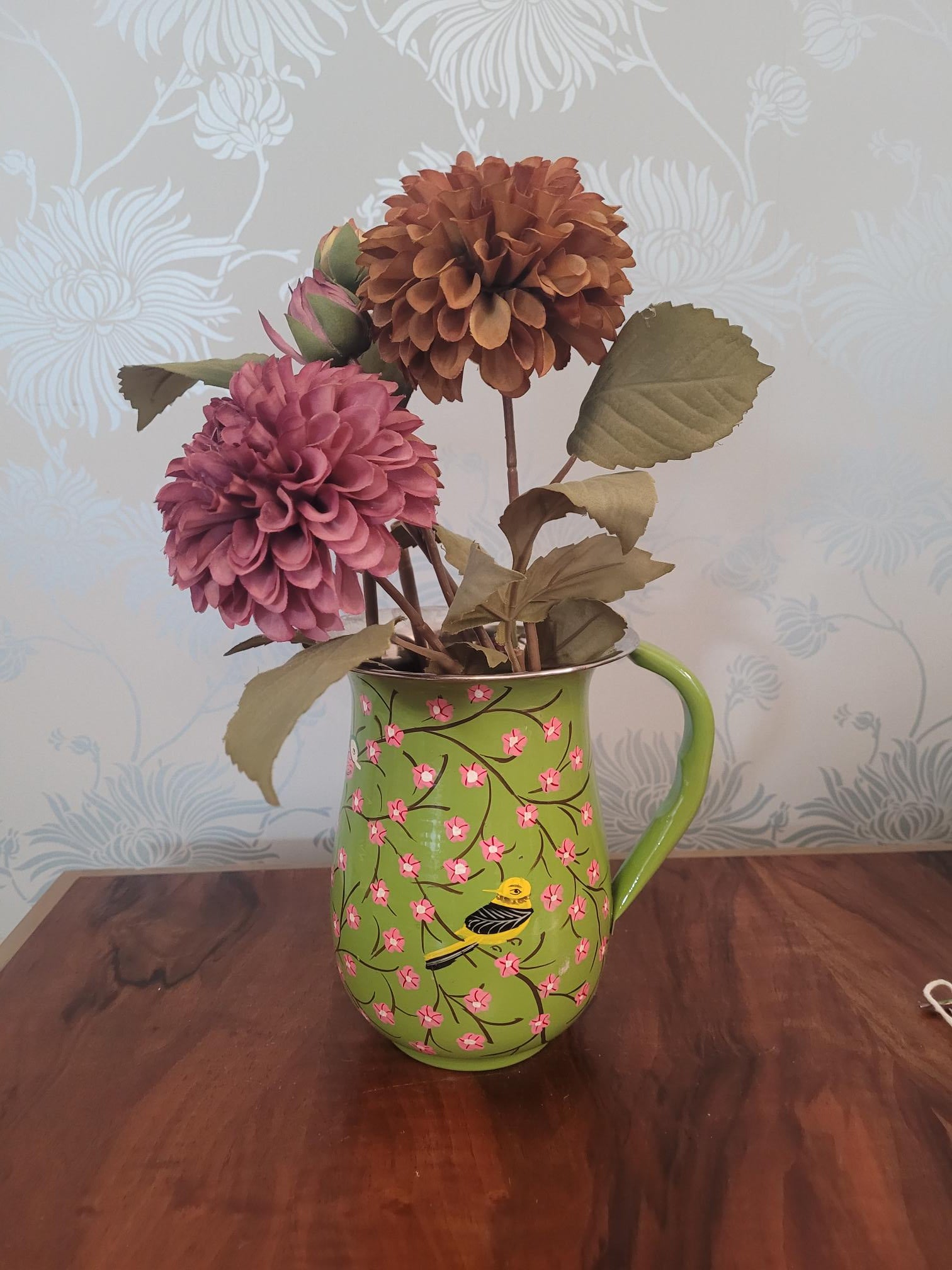 Floral Enamel Jug Vase Hand-Painted Floral Design in Blue or Green | Durable Shatterproof Eco-Friendly Tableware Perfect for Outdoor Dining